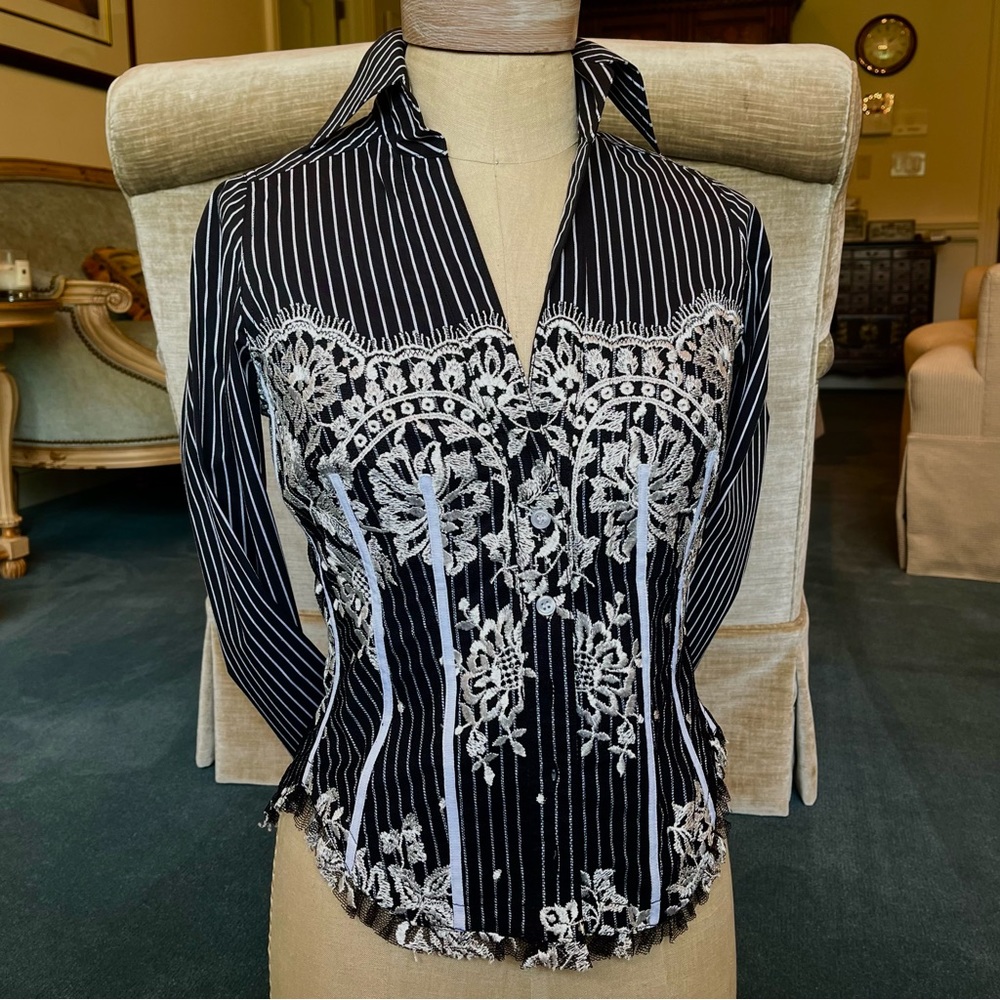 Byron Lars Beauty Mark B&W Pinstripe Button Down Shirt w Lace Details